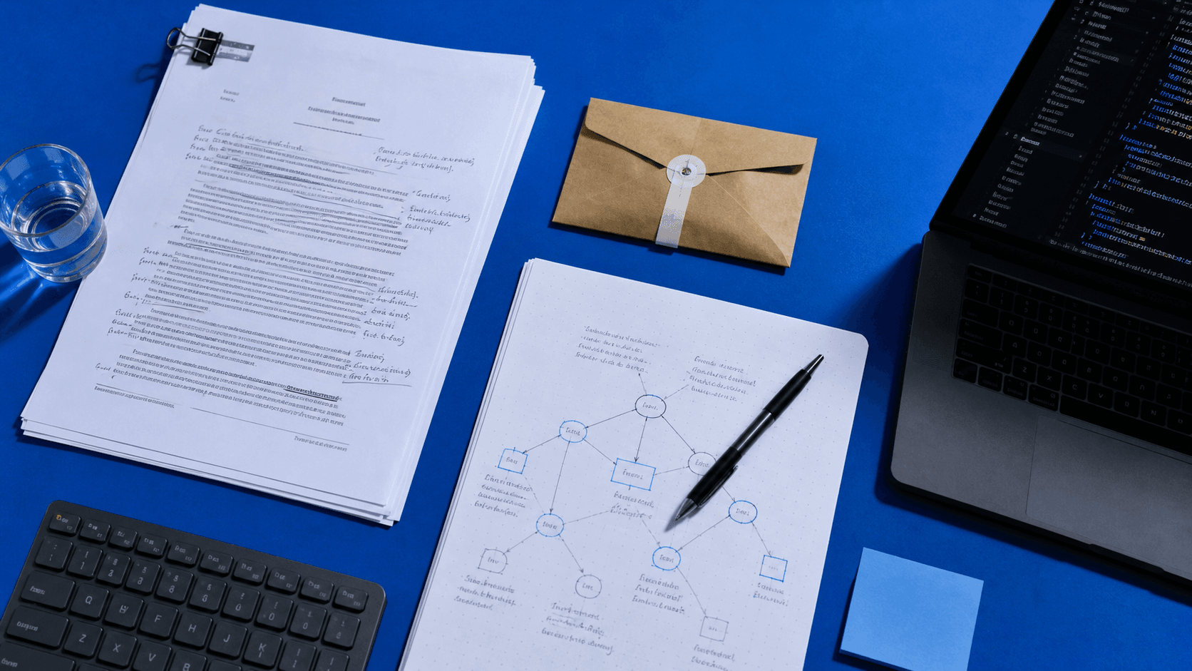 Annotated legal documents, an evidence envelope and software code arranged on a blue work surface